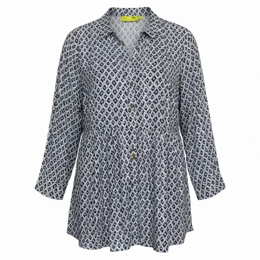 Rock Flower Paper  Shirt Blue Grey Pattern Rayon Button Down Tunic Size L